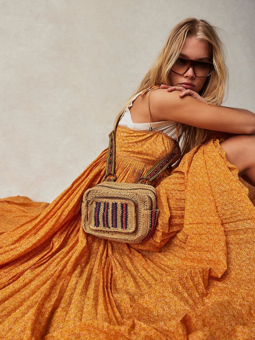 Free People Boho Woven Straw Crossbody Bag with Colorful Stripes